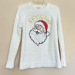 POOF Women’s White Fuzzy Santa 'Ho Ho Ho' Holiday Christmas Crewneck Sweater
